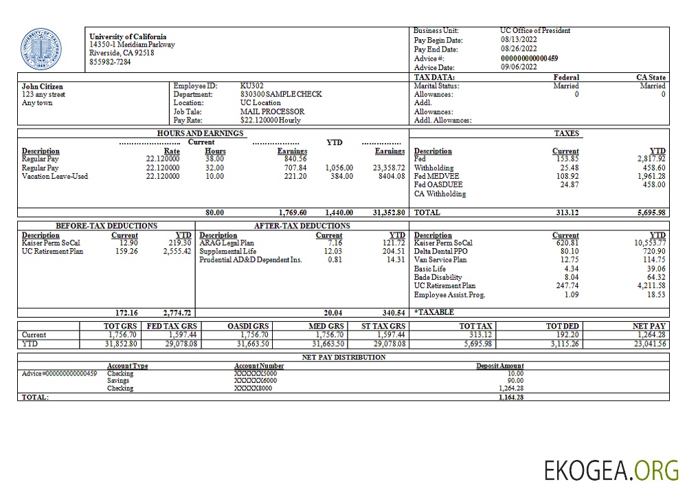 Fiche de paie d'une entreprise éducative de l'Université de Californie aux États Unis
